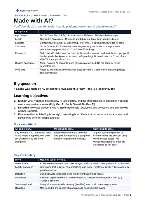 First page of the Made with AI? lesson plan