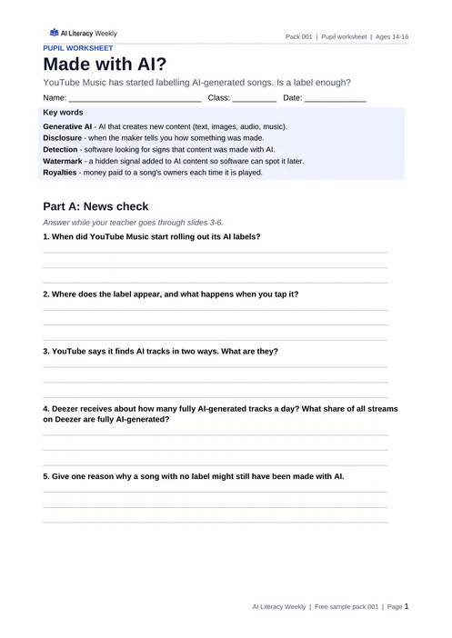 First page of the Made with AI? pupil worksheet